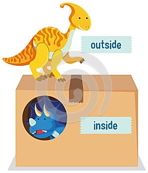 English prepositions with dinosaurs in and out of boxes