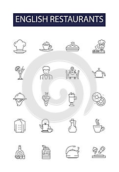 English restaurants line vector icons and signs. food, english, traditional, pub, bar, dinner, meal,british outline