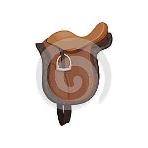 English saddle, brown leather, equestrian professional sport equipment vector Illustration