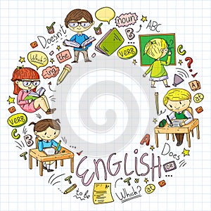 English school for children. Learn language. Education vector illustration. Kids drawing doodle style image.