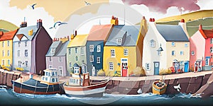 English seaside town fishing village harbour scene watercolour England