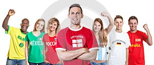 English soccer supporter with fans from other countries