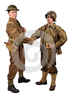 An English soldier and an American soldier shake hands photo