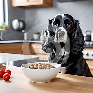 English Springer Spaniel is lying down on the floor next to a bowl of dry dog food. A sad pet is waiting for permission