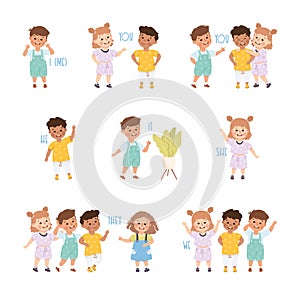 English Subject Pronouns with Funny Little Children Demonstrating Linguistics Rule Vector Set photo