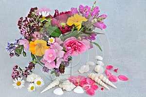 English Summer Flower Arrangement and Seashell Composition