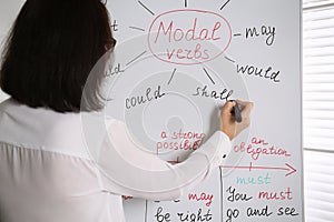 English teacher giving lesson on modal verbs near whiteboard in classroom