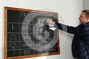 English teacher giving lesson on tenses near blackboard in classroom photo