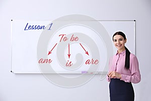 English teacher near whiteboard in classroom