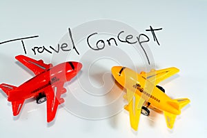 English text on a board ( Travel concept ) with a small airplane beside the text, business flights, tourism, traveling