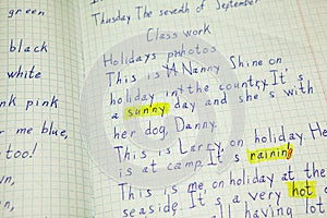 English text proofing in student notebook, words are marked yellow color photo
