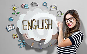 English text with woman holding a speech bubble
