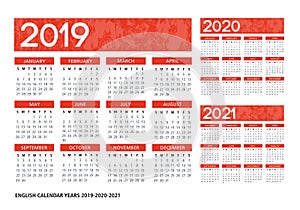 English textured calendar 2019-2020-2021 vector template