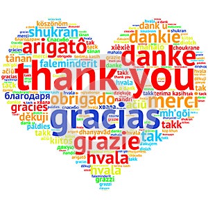 English Thank you - Heart shaped word cloud, on white