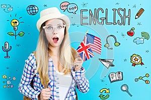 English theme with young woman holding flags