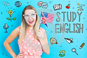 English theme with young woman holding flags