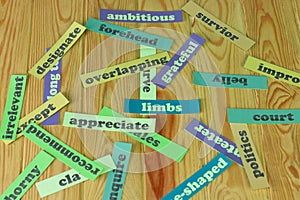 English vocabulary cards on wooden table