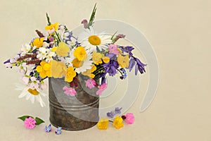 English Wildflower and Meadow Grasses Arrangement in Old Metal Tin