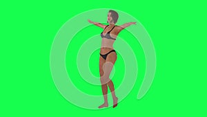 English woman dancing and stomping in gray underwear from right angle on green s