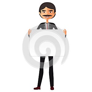 Englishman Business man holding white blank poster with a mustache vector illustration.