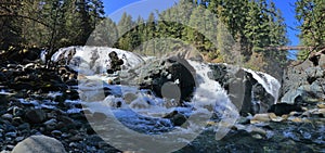 Englishman River Falls Landscape Panorama with Waterfall in Dense Forest near Parksville, Vancouver Island, British Columbia