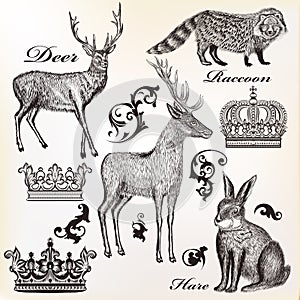 Engraved animals vector set