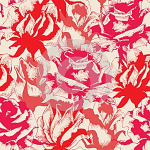 Engraved antique style roses seamless pattern