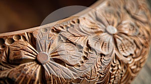 An engraved clay bowl featuring a beautiful floral design that looks almost threedimensional due to the engraving photo