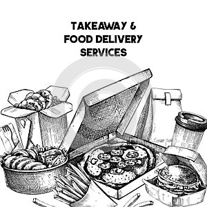Engraved fast food background. Hand-drawn vector illustration. Burger, pizza box, paper bag, coffee cup sketch. Takeaway food menu