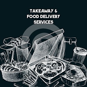 Engraved fast food background. Hand-drawn vector illustration on chalkboard. Burger, pizza box, paper bag, coffee cup sketch.