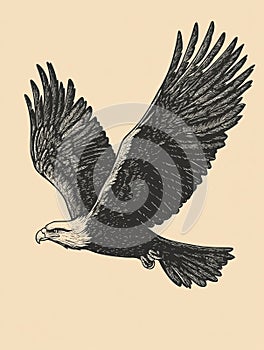 Engraved Flying Bald Eagle Illustration