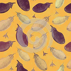 Engraved hand drawn seamless pattern with vegetables. eggplants on yellow background. vintage style plant ornament