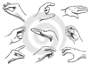 Engraved holding hand gesture. Keep in hands, vintage hand drawn gestures and hold in palm sketch vector illustration