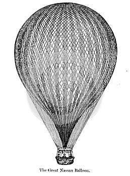 An engraved illustration of the Great Nassau Balloon from a vintage book Encyclopaedia Britannica by A. and C. Black, vol.