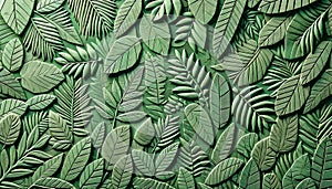 Engraved Leaf Pattern on Green Textured Background. Leaf Patterns Embossed in Clay
