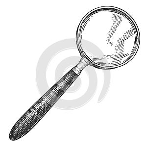 Engraved magnifying glass. Retro magnifier sketch, vintage detective search equipment and hand drawn loupe vector