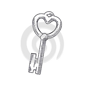 Engraved outlined door key with heart-shaped bow. Detailed drawing in vintage retro style. Black and white etching of