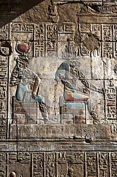 An engraved relief and hieroglyphs at the Temple of Horus at Edfu in Egypt.