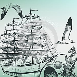 Engraved sea pattern with ship, shells and sea-gulls in old-fashioned style