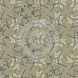 Engraved tree leaves seamless pattern. Vintage background botanical with foliage in hand drawn style