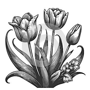 Engraved Tulips Bouquet sketch vector illustration