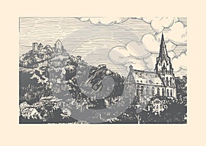 Engraved vector illustration of old village.