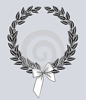 Engraved vintage black and white drawing of a laurel wreath with a bow