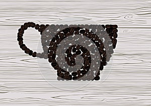 Engraved vintage color drawing of coffee beans in the shape of a cup