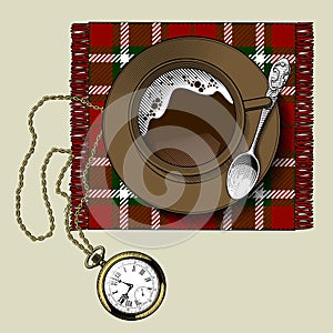 Engraved vintage color drawing of a cup of coffee on a saucer small spoon