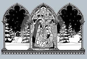 Engraved vintage drawing of gothic frame with a Stained glass window of the scene of the birth of Jesus Christ and night winter