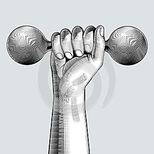 Engraved vintage drawing of a hand with a dumbbell