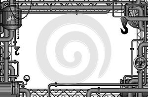 Engraved vintage drawing of industrial frame with gears, levers, pipes, flue and lifting crane