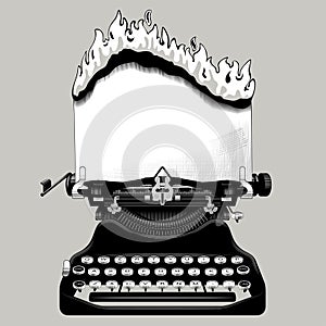 Engraved vintage drawing of an old typewriter with a burning paper