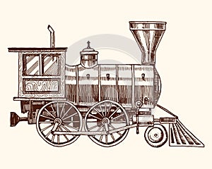 Engraved vintage, hand drawn, old locomotive or train with steam on american railway. retro transport.